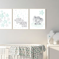 Mint nursery wall art, gender neutral, Elephant nursery, we love you to the moon and back, mint green, Nursery decor neutral, nursery prints
