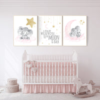 Nursery wall art girl elephant, pink and gold nursery, we love you to the moon and back, pink nursery art, cloud and stars, baby room decor