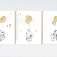 Gold nursery wall art, elephant balloon print, nursery wall art  elephant, gold nursery decor, gold nursery art, gender neutral baby room