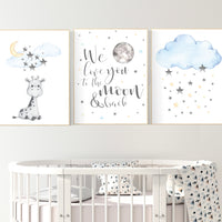 Nursery wall art giraffe, nursery decor neutral, we love you to the moon and back, moon and stars, gender neutral, blue yellow baby room