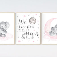 Girls room decor, Nursery decor girl pink and gray, nursery decor girl pink, Elephant nursery, we love you to the moon and back, moon stars