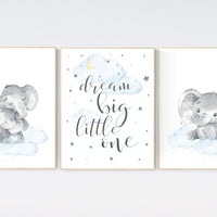 Nursery wall art elephant, moon and stars, gender neutral, baby room decor, elephant balloon, dream big little one, baby room decor ideas