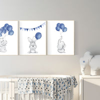 Nursery decor boy, navy nursery art, navy blue. elephant, bunny, hippo, Baby Animal Nursery Art, Woodland animals, Nursery Prints, baby boy