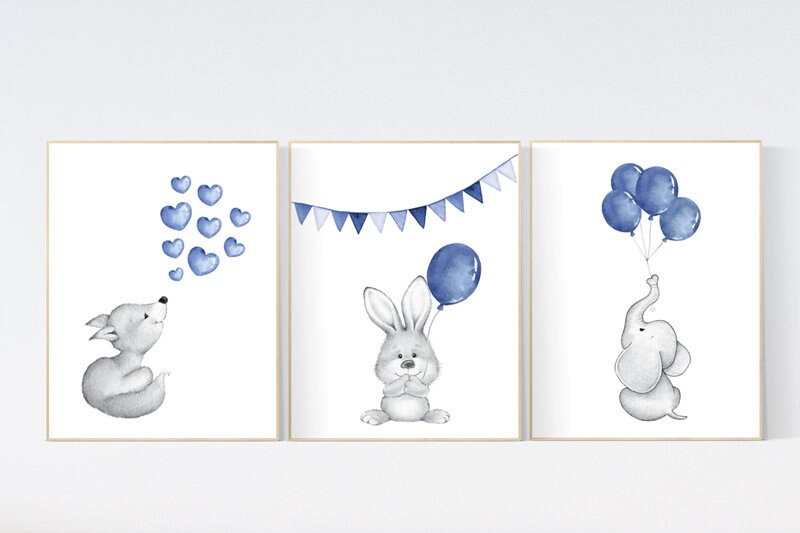 Navy nursery art, navy blue, Nursery decor boy, elephant, bunny, hippo, Baby Animal Nursery Art, Woodland animals, Nursery Prints, baby boy