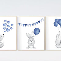 Navy nursery art, navy blue, Nursery decor boy, elephant, bunny, hippo, Baby Animal Nursery Art, Woodland animals, Nursery Prints, baby boy