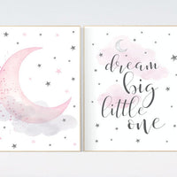 Nursery decor girl, nursery wall art girl pink, pink nursery, dream big little one, moon print, nursery print, moon and stars nursery art