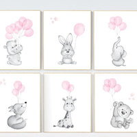 Nursery decor animals, animal balloon print,  nursery decor girl, elephant, bunny, giraffe, fox, nursery wall art girl, pink and gray