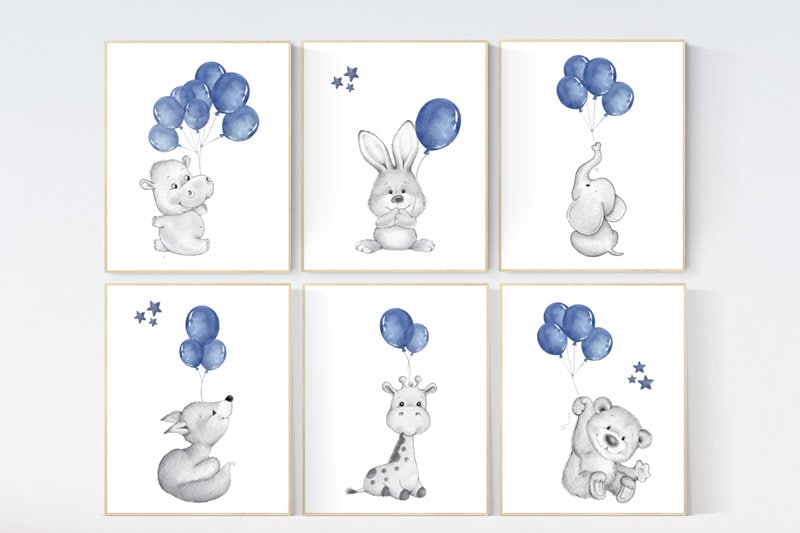 Navy nursery decor, nursery wall art boy, Nursery prints animals with balloons, Nursery balloons art, giraffe, fox, bunny, elephant