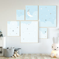 Nursery prints boy, nursery decor boy sky, sky nursery, baby room wall art boy, moon nursery art, moon and stars decor, baby blue room art