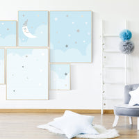 Nursery prints boy, nursery decor boy sky, sky nursery, baby room wall art boy, moon nursery art, moon and stars decor, baby blue room art