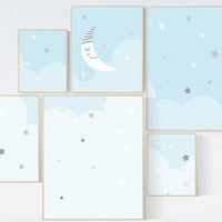 Nursery prints boy, nursery decor boy sky, sky nursery, baby room wall art boy, moon nursery art, moon and stars decor, baby blue room art
