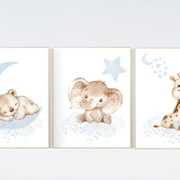 Nursery wall art animals, baby room decor blue gray, baby room decor bear, elephant, giraffe, animal nursery decor, nursery prints
