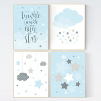 Twinkle Twinkle Little Star, Baby boy nursery decor, Blue gray nursery, boys room wall art, baby room prints, moon and star nursery, cloud