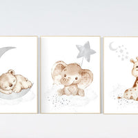 Nursery wall art animals, gray nursery, gender neutral nursery, neutral nursery, baby room decor, bear, elephant, giraffe, animal prints