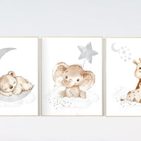 Nursery wall art animals, gray nursery, gender neutral nursery, neutral nursery, baby room decor, bear, elephant, giraffe, animal prints