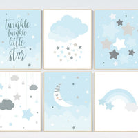 Boy nursery prints, blue nursery decor, twinkle twinkle little star, blue gray Nursery decor boy, moon and cloud, Star nursery, Moon nursery