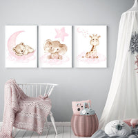 nursery decor girl pink, nursery decor girl woodland animals, nursery decor animals, teddy bear, elephant, giraffe, baby girl nursery prints
