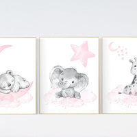 Animal nursery, nursery decor girl pink gray, nursery decor girl woodland animals, teddy bear, elephant, giraffe, baby girl nursery prints