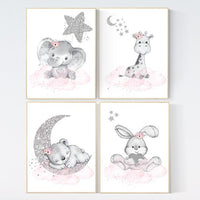Animal nursery for girls, pink and silver, Nursery decor girl elephant, animal nursery, bunny print, bear nursery giraffe baby room wall art