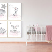 Animal nursery for girls, pink and silver, Nursery decor girl elephant, animal nursery, bunny print, bear nursery giraffe baby room wall art