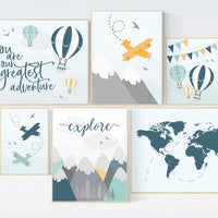 Nursery decor boy travel, hot air balloon, airplane, you are our greatest adventure nursery, nursery wall art mountain, adventure nursery