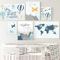 Nursery decor boy travel, hot air balloon, airplane, you are our greatest adventure nursery, nursery wall art mountain, adventure nursery
