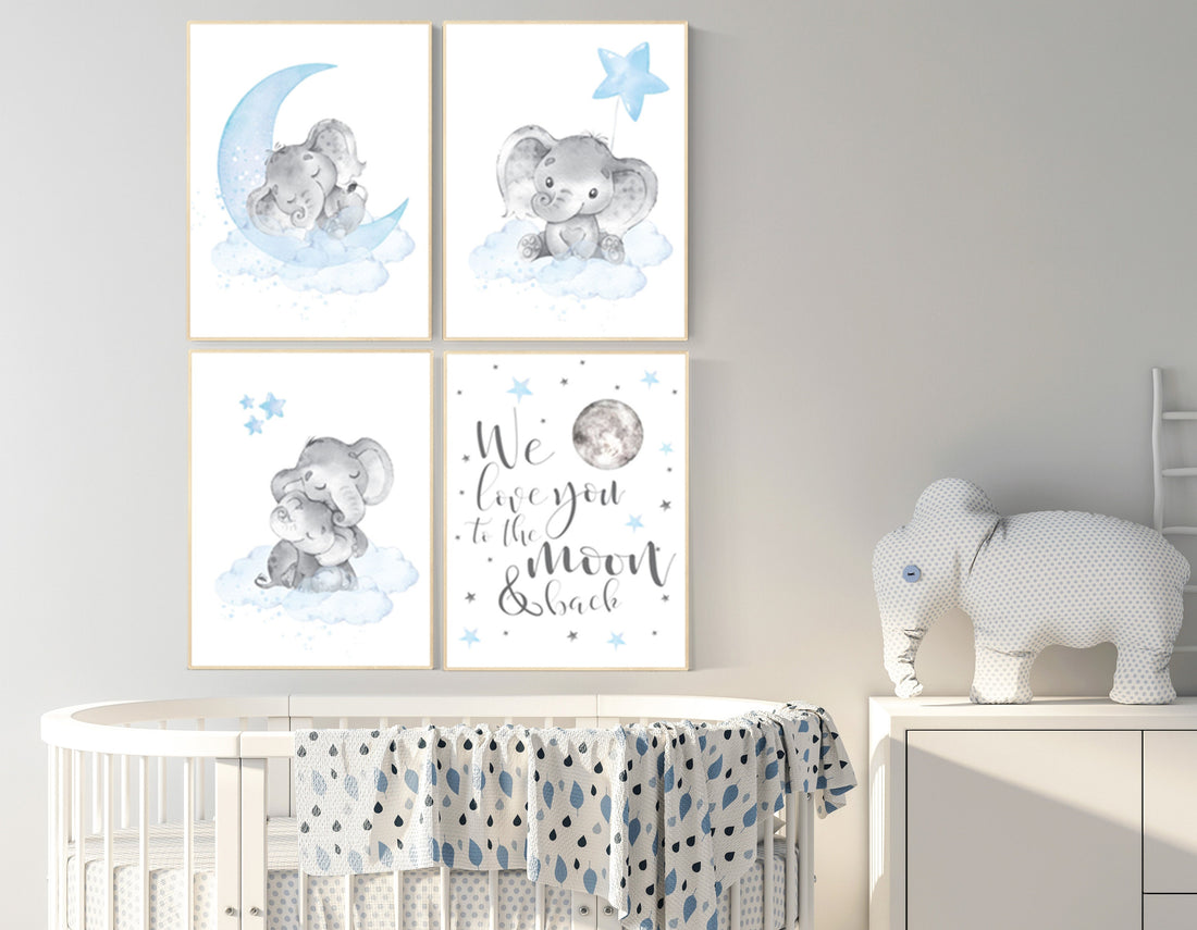 Nursery decor boy elephant, blue nursery decor, we love you to the moon and back, moon and stars, blue nursery art, elephant nursery boy