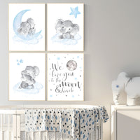 Nursery decor boy elephant, blue nursery decor, we love you to the moon and back, moon and stars, blue nursery art, elephant nursery boy