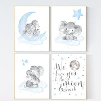 Nursery decor boy elephant, blue nursery decor, we love you to the moon and back, moon and stars, blue nursery art, elephant nursery boy