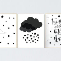 Black and white nursery prints, baby room decor gender neutral, Nursery wall art black and white, cloud and stars, black white nursery art