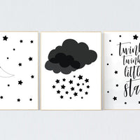 Black and white nursery prints, baby room decor gender neutral, Nursery wall art black and white, cloud and stars, black white nursery art