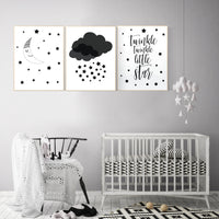Black and white nursery prints, baby room decor gender neutral, Nursery wall art black and white, cloud and stars, black white nursery art