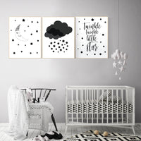 Black and white nursery prints, baby room decor gender neutral, Nursery wall art black and white, cloud and stars, black white nursery art