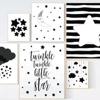 Black and white nursery decor, baby room decor gender neutral, Nursery wall art black and white, cloud and stars, black white nursery art