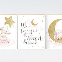 Pink gold nursery decor, Sheep nursery decor, nursery decor lambs, we love you to the moon and back, nursery wall art sheep, moon cloud star