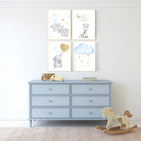 Blue and gold nursery, Nursery decor boy elephant, we love you to the moon and back, blue nursery wall art, moon and stars, giraffe nursery