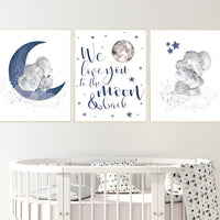 Nursery decor elephant, navy nursery decor, cloud and stars, moon and stars, navy blue nursery art. baby room wall art, elephant nursery