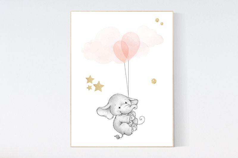 Nursery decor girl blush and grey and gold, Nursery decor elephant, girls room decor, blush pink wall art, blush pink decor, blush gold