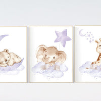 Purple nursery wall art, animal nursery, elephant, giraffe, bear, woodland animals, lilac nursery decor, lavender, girl nursery, moon stars