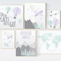 Lavender mint nursery decor, adventure awaits map, adventure nursery print, mountain nursery, nursery decor girl purple mint, mint purple