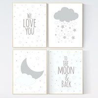 Gray nursery art, We love you to the moon and back, star nursery decor, nursery decor, moon nursery, neutral nursery wall art, grey nursery