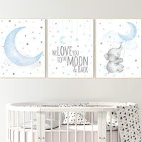 Nursery decor Elephant, blue grey, we love you to the moon and back, Blue and gray, Nursery decor boy, boy nursery, moon and stars wall art