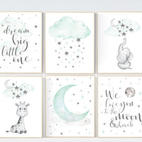 Mint nursery decor, gender neutral nursery, nursery decor elephant, giraffe, dream big little one, moon and star nursery, mint green nursery