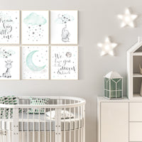 Mint nursery decor, gender neutral nursery, nursery decor elephant, giraffe, dream big little one, moon and star nursery, mint green nursery