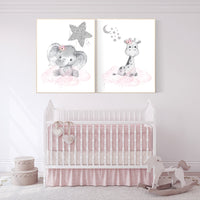 Animal nursery for girl, animal prints, pink silver, elephant, giraffe, nursery decor woodland animals, girl nursery ideas, set of 2 prints