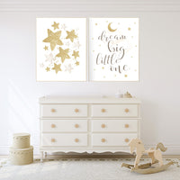 Gold nursery decor, neutral nursery, gender neutral, cloud, moon and stars, gold nursery prints, nursery decor girl, Dream big little one