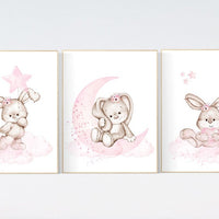 Nursery wall art bunny, pink nursery decor, Nursery decor girl flower bunny, bunny print nursery girl, rabbit nursery, rabbit print nursery
