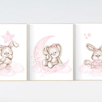 Bunny Nursery Print Set: Pink Flower Rabbit Wall Art
