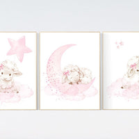 Lamb wall art nursery, Sheep print nursery, Nursery decor girl, sheep nursery, lambs, nursery wall art sheep, moon and cloud, girl nursery