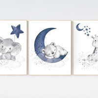 Nursery decor elephant and giraffe, animal nursery prints, navy nursery, navy blue nursery, baby room wall art, woodland animal prints